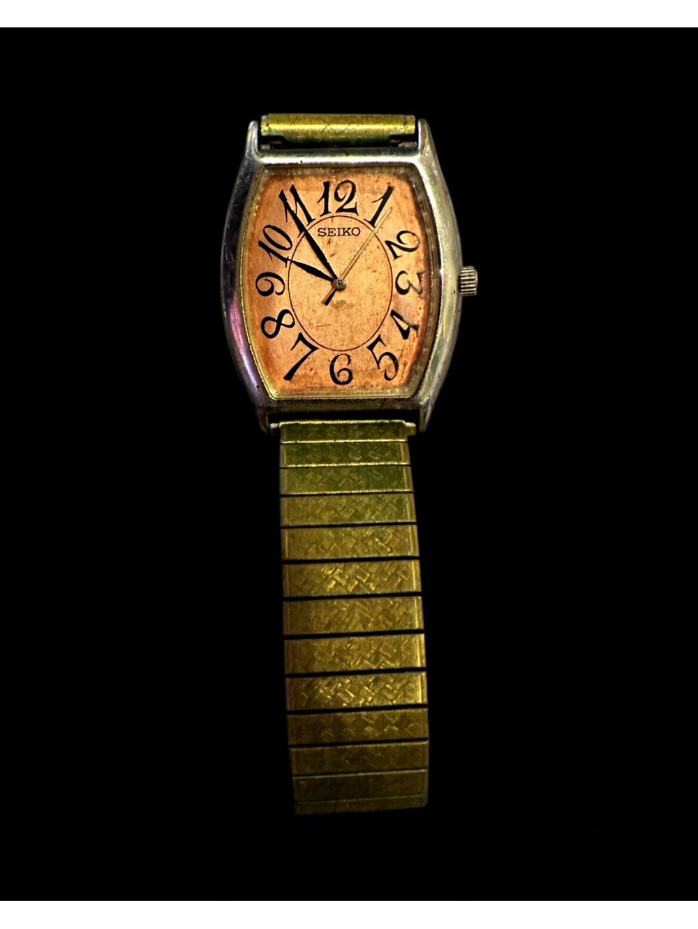 Vintage Seiko Ladies Tonneau Watch Copper Peach Dial Gold Tone Stretch Band